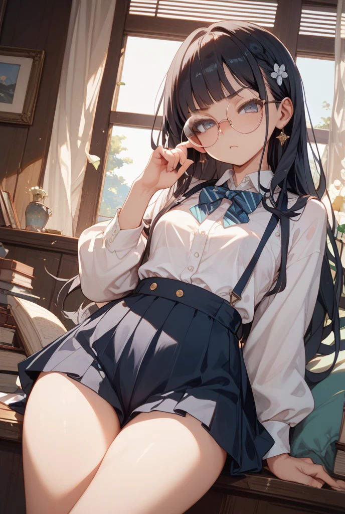 Girl in trouble, 16 years old, school uniform, big breasts, aqua hair pigtails, patsun, black hair, brooding, glasses, showing off crotch, chubby, cute underwear, lying down