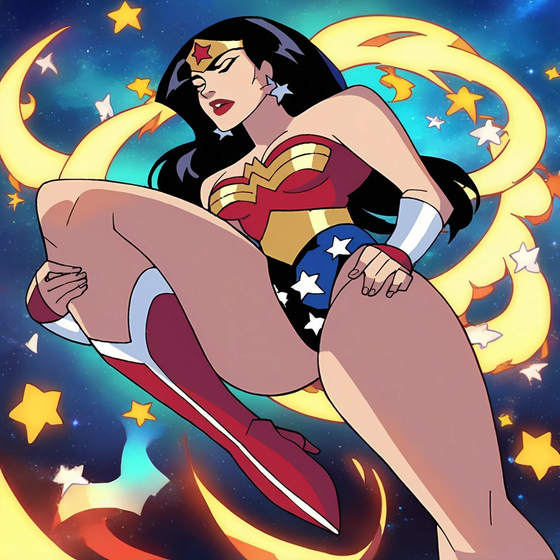 score_9, score_8_up, score_7_up, source_anime,
dianaprince, diana prince, blue eyes, black hair,
cleavage, bare shoulders, jewelry, star \(symbol\), boots, leotard, star print, superhero,
sitting on bench, spread legs, cameltoe, looking at viewer, solo, dutch angle,