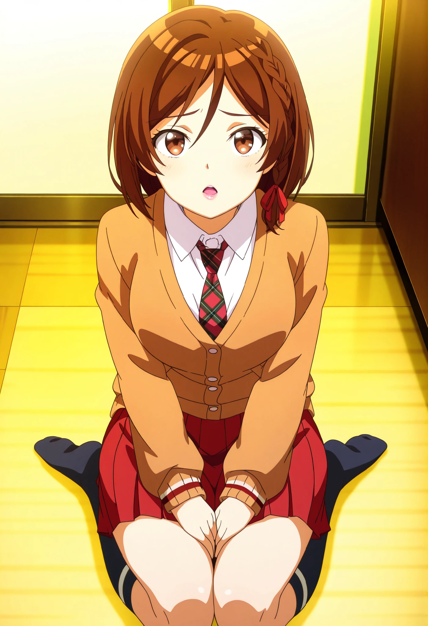 1girl, brown eyes, akanesak, curvy, short brown hair,  looking_at_viewer, long hair, open_mouth, skirt, brown_hair, ribbon, brown_eyes, sitting, school_uniform, hair_ribbon, braid, pleated_skirt, necktie, socks, kneehighs, single_braid, red_skirt, wariza, no_shoes, glossy lips, cardigan, side_braid, seiza,masterpiece, best quality, absurdres, highres, perfect anatomy, anime style, anime screenshot, 8k wallpaper, ultra high quality, extremely detailed cg, perfect lighting, (sharp image),from above