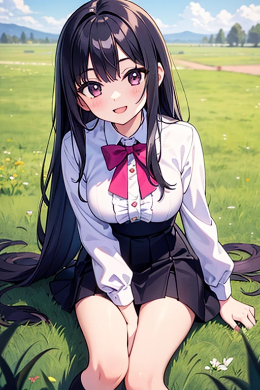 nsfw,suzune horikita, Red eyes:1.3,Grassland,cowboy shot,(((knees up))),Medium chest,Hair Ribbon,uniform,White panties,