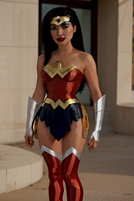 Wonder Woman flying in the sky, sunshinein thebackground, perfect armor costume, extremely big upturned buttock, back angle view, extremely black hair, smooth curves, extremely beautiful blue eyes, beautiful smile