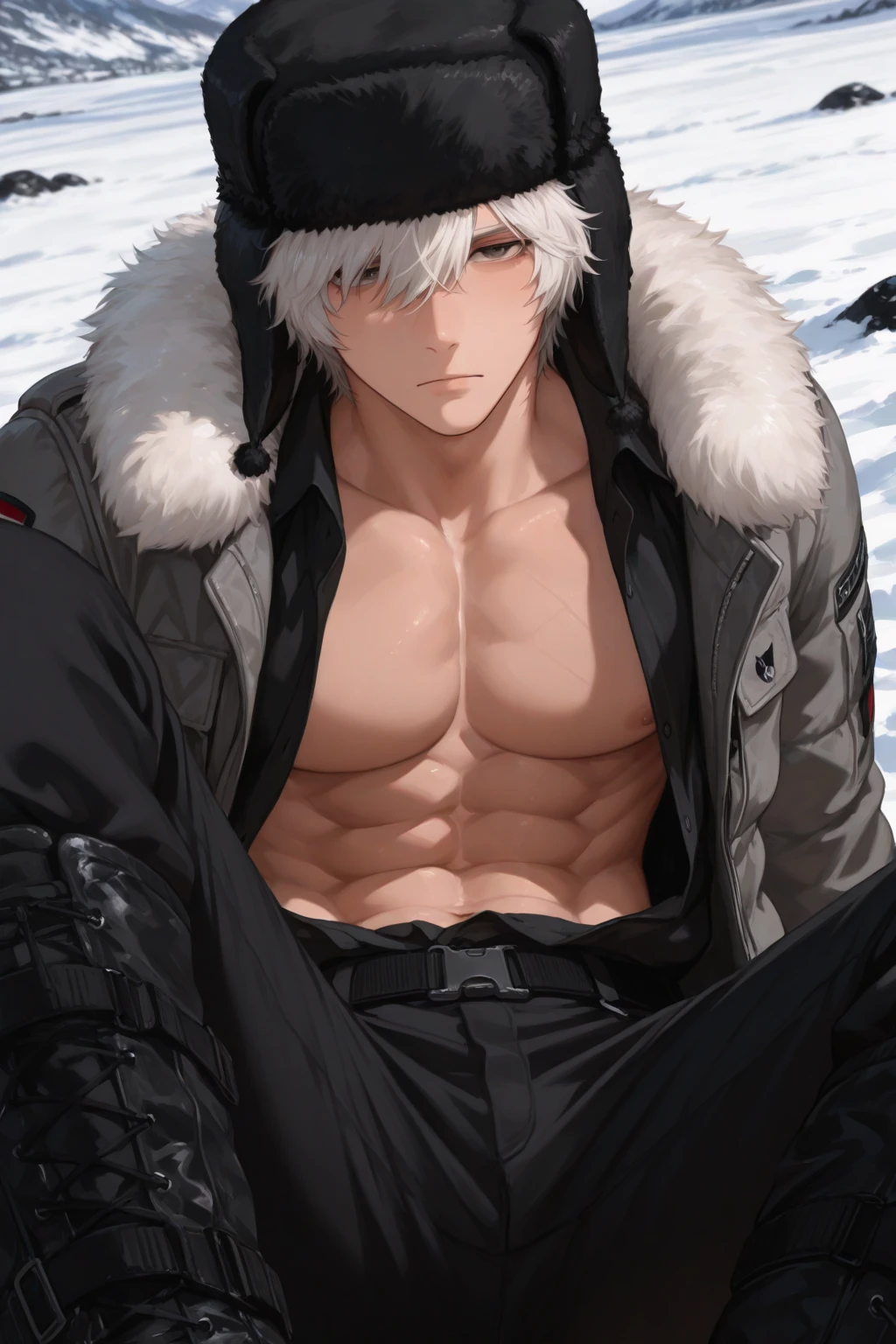 (absurd, high, extremely detailed),((masterpiece)), ((best quality:1.1)), High resolution, 8k,1 muscular, slim boy, 18 years old, (blue eyes: 1.1), shaded face, (blue hair, short hair, two bangs: 1.1), white fur coat with open chest, 6 pack belly, black tight pants, cold eyes, wild, looking at viewer, hand holding ice, anime style, snow, snowflakes, arctic, ice, frosty, HDR, HD, clear detail