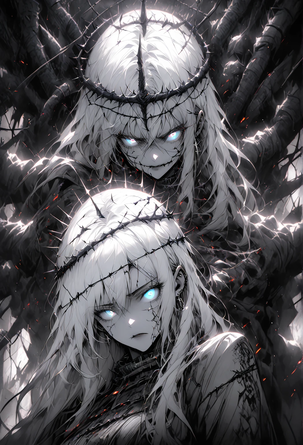 God's son,befall,(The background is the decaying earth,Dead Tree),Kneeling on the ground,pray,cry,Tears,Long hair,(Damaged clothing),Divine Light,White feather,Blood,The light of redemption