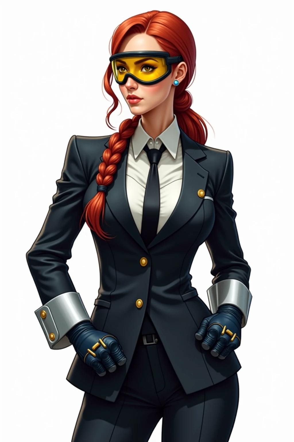 crimvip, red hair, pompadour, long braid, yellow shades, btnecbla,black blazer, shirtless, cleavage, pants, belt, fingerless gloves, looking at viewer, serious, parted lips, sitting, on desk, inside office, soft lighting, high quality, masterpiece, <lora:btnecbla_blazer:.6> <lora:CviperMVC-10:.6>