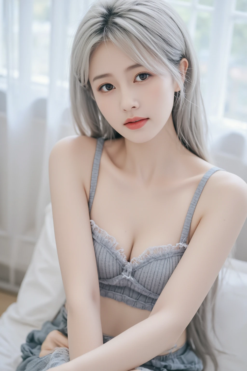 Top image quality、Raw photography、A high resolution、20-year-old cool Korean、big round chest、sexy white lace underwear、Beautiful Eyes of Details、very elongated eyes、Beautiful eyelashes、Beautiful double eyelids、eyeshadows、long legs,medium thighs, beautiful eyes finely detailed、elongated eyes、long eyeslashes、Beautiful double eyelids、eyeshadows、earrings、shiny skin、 1 girl, solo,  sexy pose,