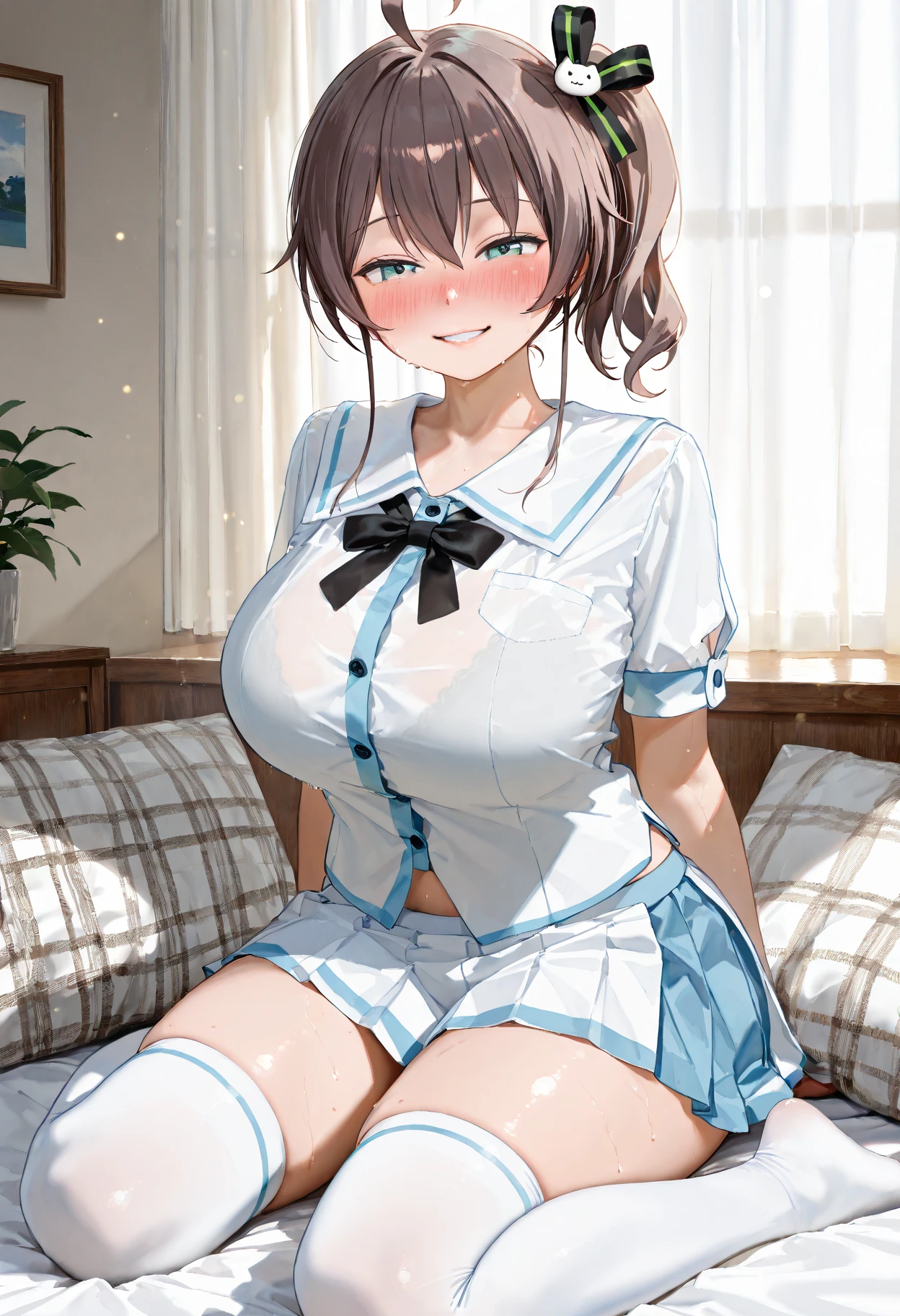 Tokai Teio \(umamusume\), ((Highly detailed eyes)), masterpiece, Highest quality, ((abnormal body, Small breasts)), (Horse tail) ,smile, blush, (indoor, office, living room), whole body, frontage, Long ponytail, (panties), (bra), (In underwear), ,((nsfw))