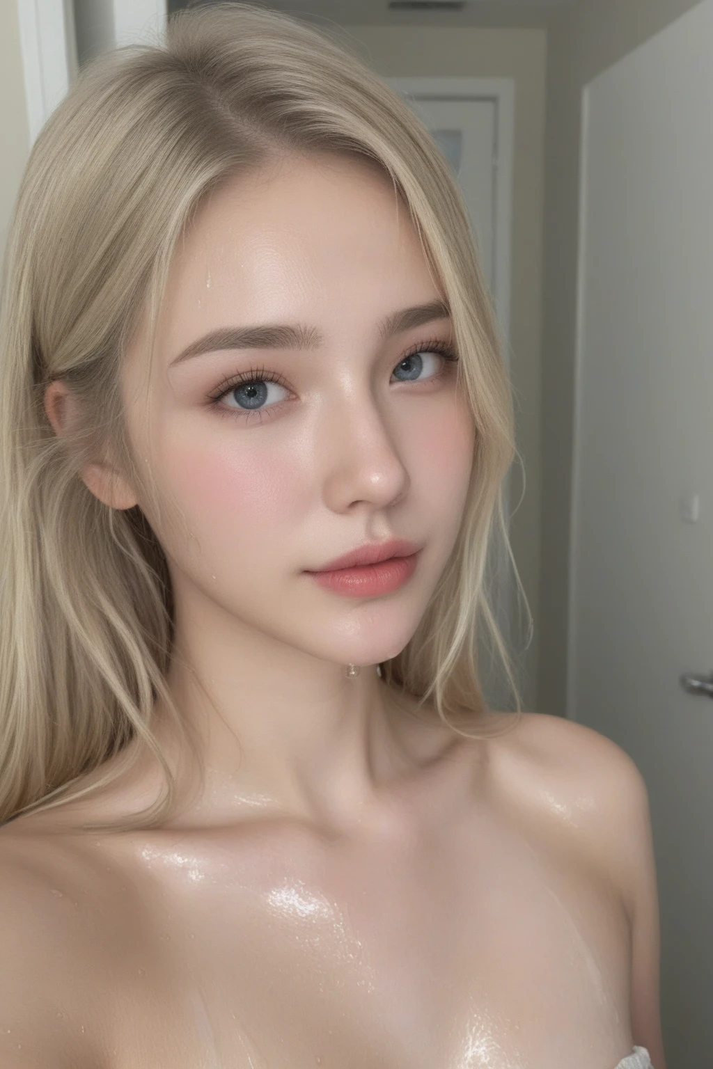 Highest quality, 8K, 32k, Perfect body, Ultra detailed face, , Fine grain　Dirty Body　Upper Body　Sweaty　Big Breasts　Expose　Fluid from nipples　Reverse Rape　Slimy　saliva　Urinating　Watching the audience　Attractive body　Muscular　lure　sweating　Selfie with both hands　Blonde beauty