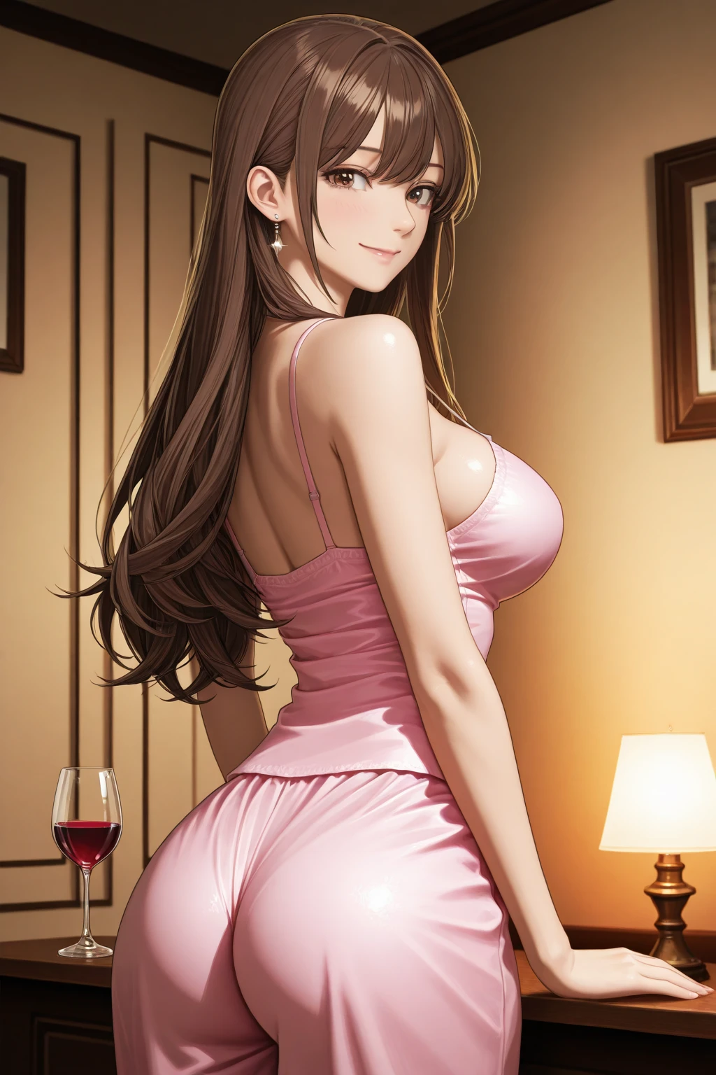 (masterpiece, best quality:1.4), (beautiful, aesthetic, perfect, delicate, intricate:1.2), (cute, adorable), (depth of field:1.2), (1girl, solo), colorful, vivid colors, perfect female form, perfect face, glossy pink lips, expressive eyes, eyeshadow, eyeliner, blush, long brown hair, thick braid, hair in the wind, natural breasts, narrow waists, (a sexy girl in bar midnight), open pink jacket, tight short dress, ornate delicate tight dress, cleavage, hands on hips, (cowboy shot),