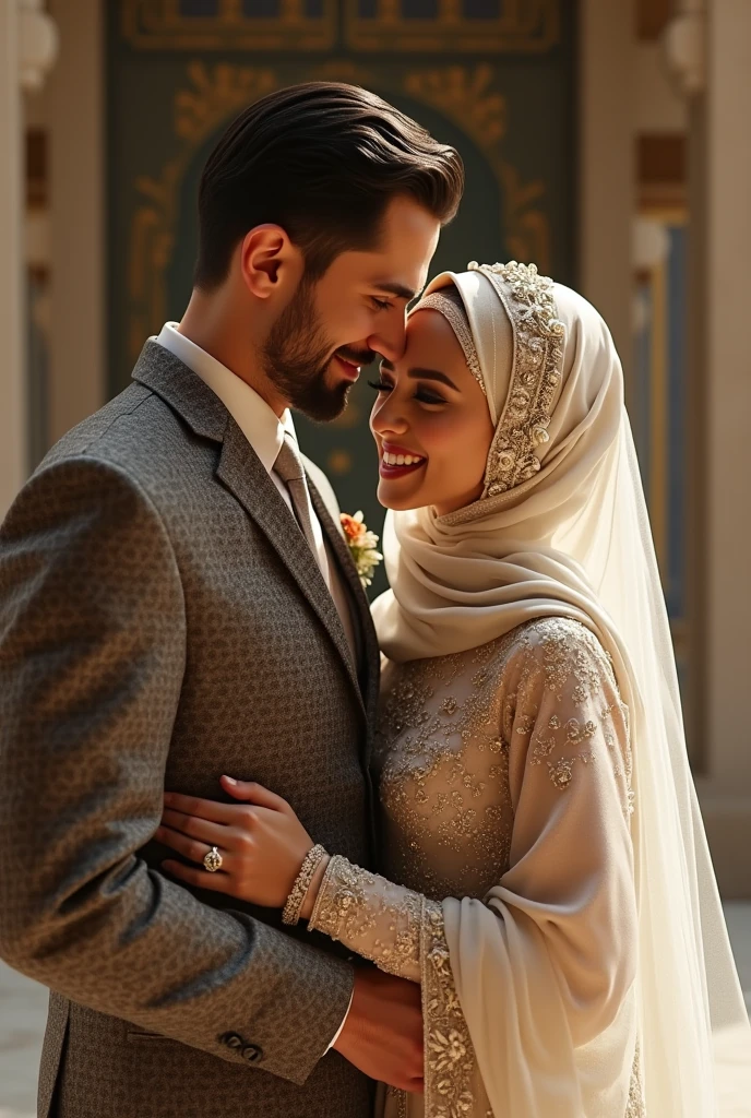 a bride and groom standing next to each other in white outfits, nikkah photo,traditional white and golden clothes, traditional clothing, lovely couple, distant full body view, very beautiful enga style, marriage, bride and groom, intertwined full body view, view from back angle, very detailed and rich clothing, very clear picture, couple back pose, wearing a nikkah dressa bride and groom standing next to each other in white outfits, wedding photo, traditional clothes, traditional clothing, lovely couple, distant full body view, very beautiful enga style, marriage, bride and groom, intertwined full body view, by Ismail Gulgee, very detailed and rich clothing, very clear picture, couple pose, wearing a wedding dress