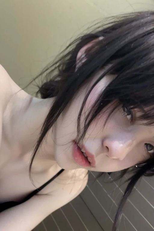 triangle-bikini,(open mouth:1.5),(tongue out:2),Kneeling,handjob,choker,front view,face focus,from above(1girl,Beautiful 14 year old girl,teenager),((Slender,Small breasts,Small face,)),(looking at viewer),Dim lighting,Black Hair,bangs,straight,shower room