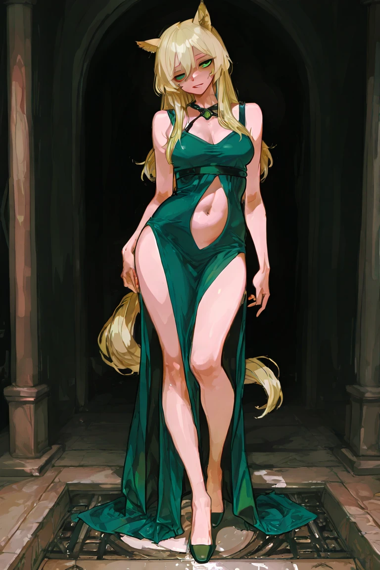 1 girl, Bowsette, black dress, large breasts, full body