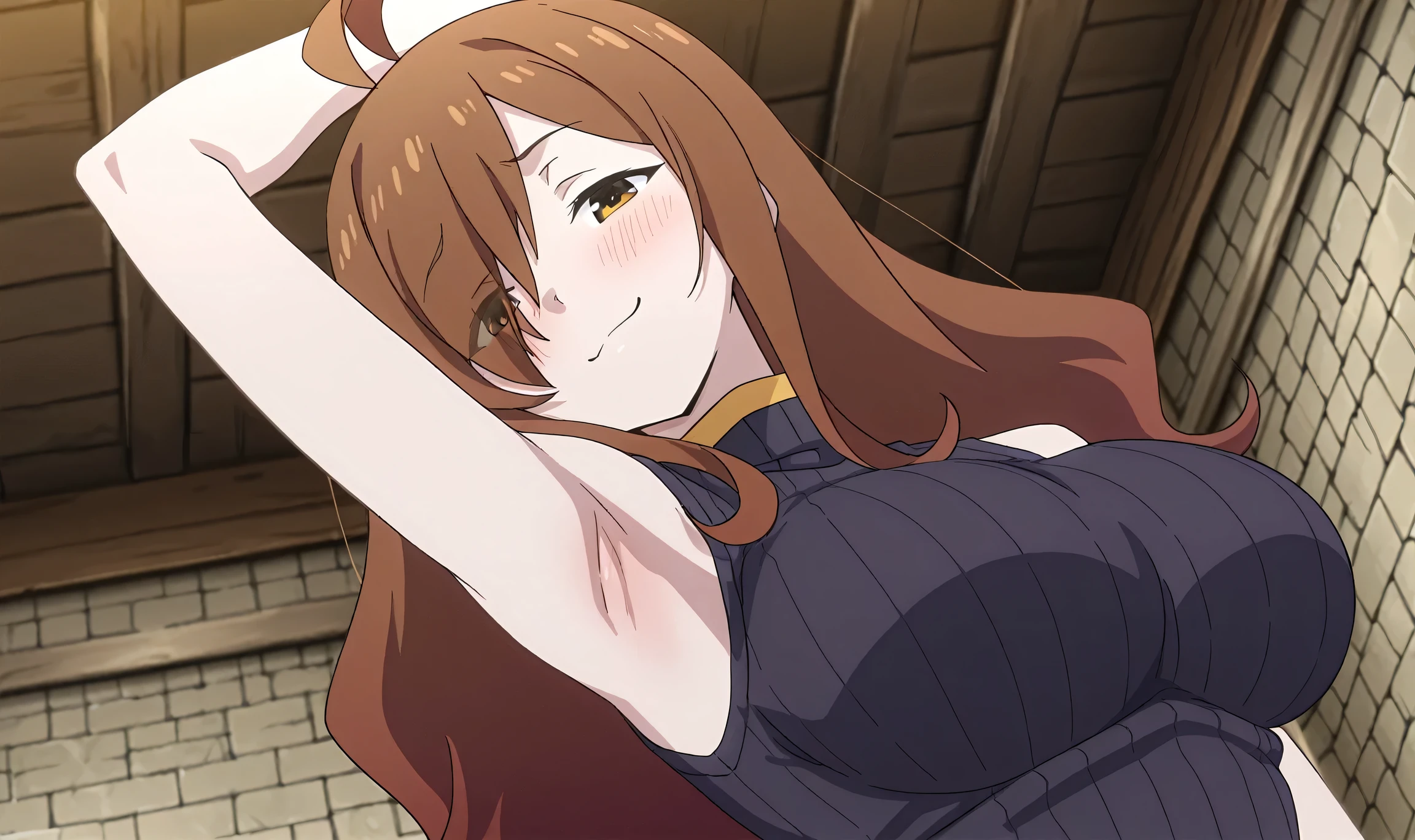masterpiece, best quality, amazing quality, anime screencap, anime coloring, 1girl, solo, wiz,wiz \(konosuba\), long hair, light brown hair, hair over one eye, bangs,ahoge, brown eyes, large breasts, (black sweater:1.3), sleeveless sweater, ribbed sweater, turtleneck, bare shoulders, bare arms, arm up, raised arm, armpit, armpit focus, head towards viewer, (looking at viewer:1.1), direct eye contact, smile, smug, half-closed eyes, blush, closed mouth, indoors, guild hall, from side, from below,