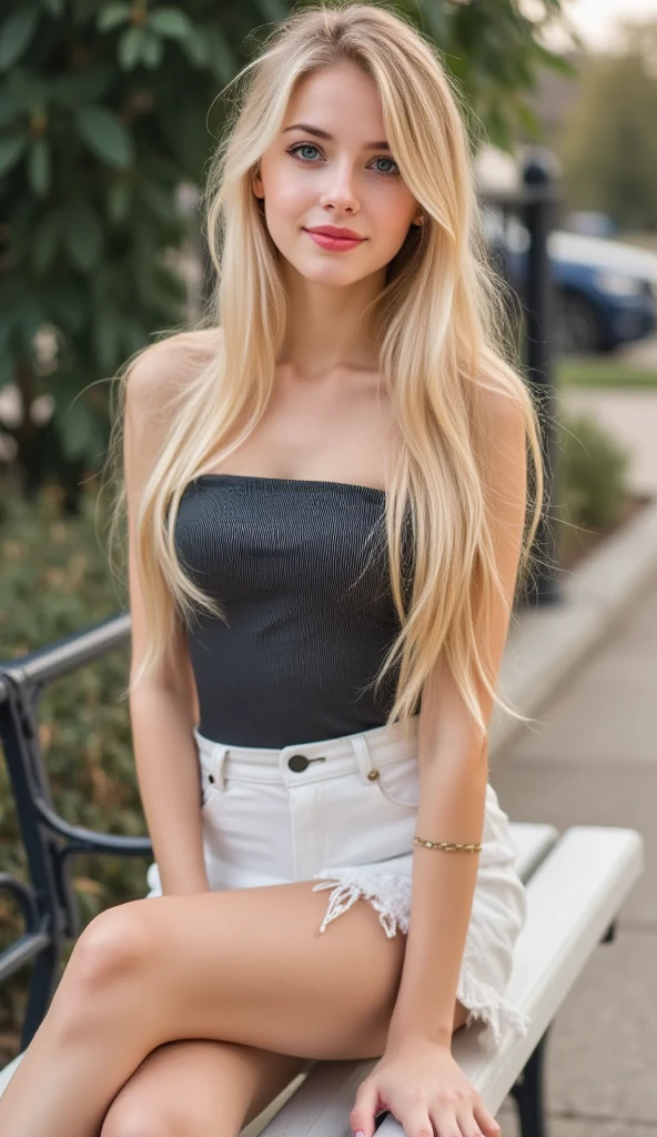 Une femme blonde de 23 ans, ((gros seins)), ((hyperréalisme)) ,. blonde hair with light brown roots. cheveux blond, Cheveux aux racines brunes, very long hair, very long hair, very long hair, Beau, vue de face, photo automatique, Photo prise avec iPhone, elegante camisa negra con encolure, Coupe-bas, photo automatique in the garden, high quality, photo automatique iPhone, encolure