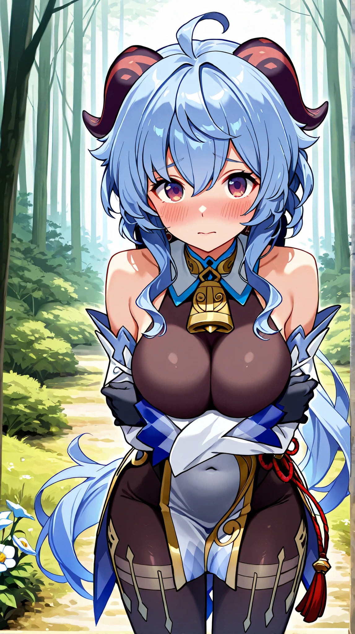 masterpiece, highest quality, soft lighting, confused, looking at the viewer, alone, smile,big breasts, whole body, Overgrown ruins, Mountain,(NSFW),(((nude))),(Kupaa),(spread your legs,she shows her pussy),((arms above head)).
