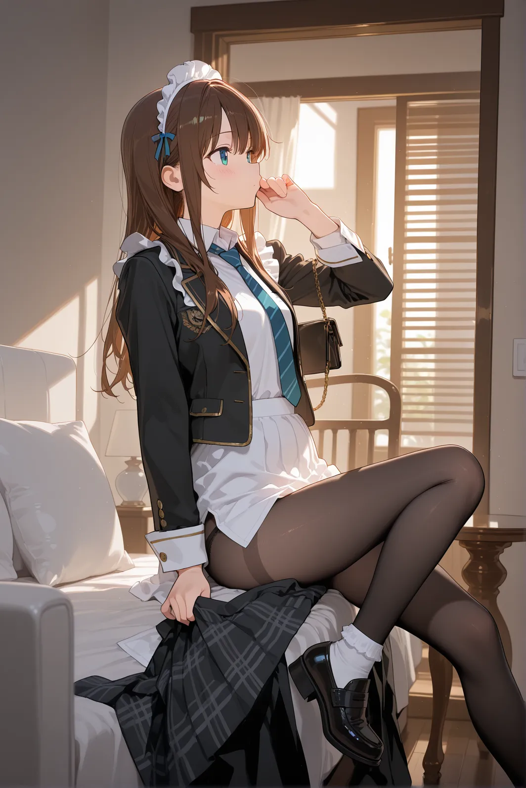 the best, masterpiece, high resolution, (whole body), front, symmetry, Mature tall female high school student, Solitary, (whole body from head to toe), Small Breasts, Long hair, slightly Messy hair, (Black tights), Black pantyhose, composition White, Slender, A very pretty and tall 17 year old girl, ((No shoes)) , Shy big eyes, ( (Brown hair)), (Bangs), Messy hair, (hairpin), looking at camera, White, White ruffle bra, High school uniform suit jacket, High school uniform white shirt, blue ribbon high school, High-end short plaid pattern and navy blue pleated skirt