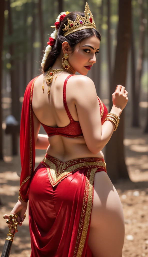 (RAW shooting, Photoreal:1.5, 8K, highest quality, masterpiece, ultra high resolution), (perfect dynamic composition:1.2), (Highly detailed skin and facial textures:1.2), (Slim office lady:1.3), (Fair skin:1.2), (beautiful and aesthetic:1.1), (very beautiful face:1.2), Young Indian woman, (bright red saree:1.2) , sunny day, detailed body, detailed face, ultra realistic, charming, cute, big hazel eyes with long curly hair, perfect fingers, soft natural lighting, (ancient Indian temple with mountain background:1.3) , detailed background