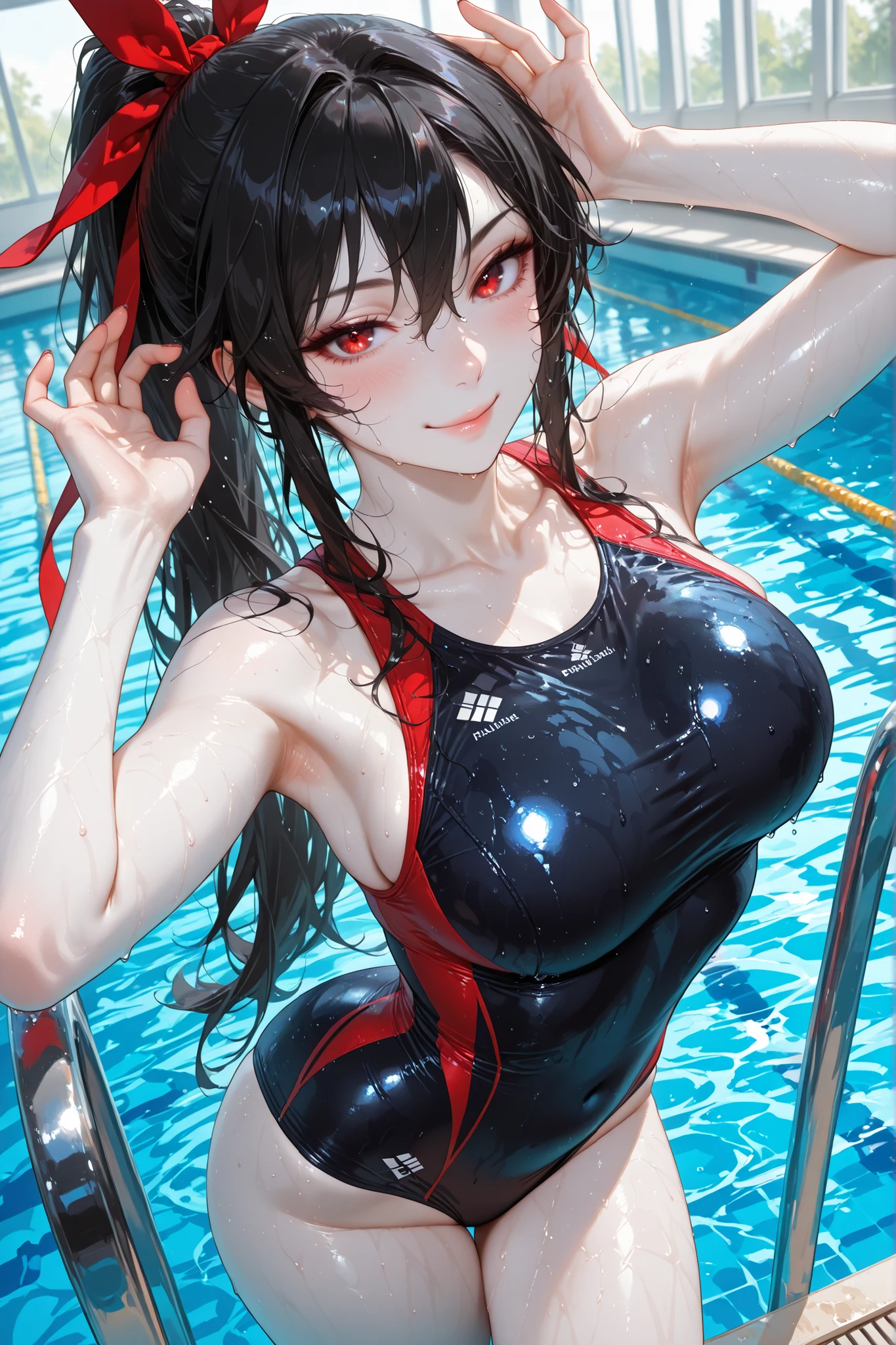 １Character anime key visual。cyber punk。Chest close-up。 Menhera short updo big breasted high school girl in competitive swimsuit。 Sexy pose、Tilt your face、slouch、blush、Watery eye、smile。