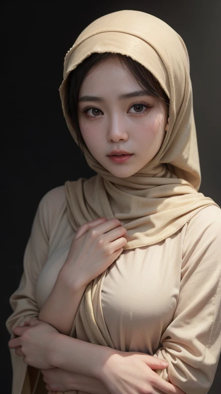 Korean girl, beautiful girl in hijab, 19 year old girl, perfect face, expressive eyes, makeup, eyeshadow, eyeliner, luxurious hijab, patterned hijab, hijab decoration, shiny lips, holding book, in the library,