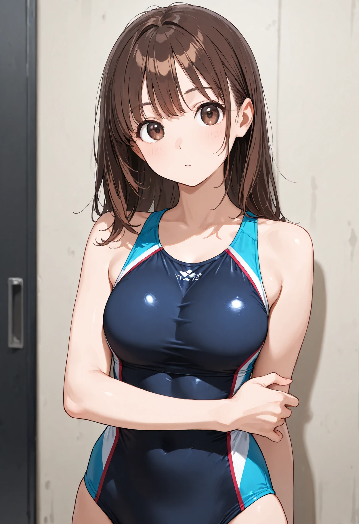 ((Best quality)), ((masterpiece)), ((anime style)), ultra detailed face, ((1 girl)), female wrestler, competition swimsuit, ((wrestling ring)), long hair, mature, milf, 30s, sweaty armpit, very sweaty, standing, victory pose, looking at viewer, highleg, smile, determined, victorious,