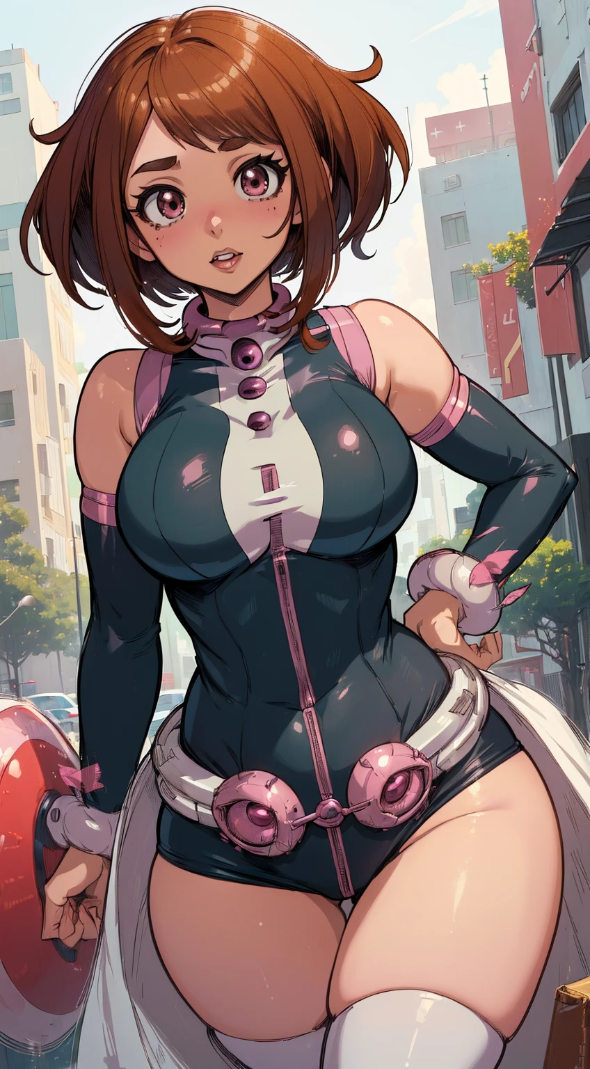 ((Ochaco Uraraka )),(Brown Hair)、(short hair)、(Black and pink tights)、((Haigure)),((Squat))、((Leg spread))、(True to prompts)、(upscale)、(Glaring with sharp eyes)、(Super big breasts),(Busy Street)、(Many people々々々々々々々々々々々々々)、(sunny)、(blue sky)、(Best lighting)、{{{Browsing Caution}}}、{{{masterpiece}}}, {{{Highest quality}}}, {{ultra-detailed}}, {{shape}}, {{{Very delicate and beautiful}}},{{extremely detailed CG}}、{{unity 8k portrait}}、{{Fabric Shading}}、{{super detailed skin}}、{{Perfect Anatomy}}、{{detailed}}、{{Dynamic Lighting}}、{{{beautiful detailed eyes}}}、{{{beautiful detailed Face}}}、(Perfect Legs)、(Perfect breasts)、(Perfect pose)、(Perfect body)