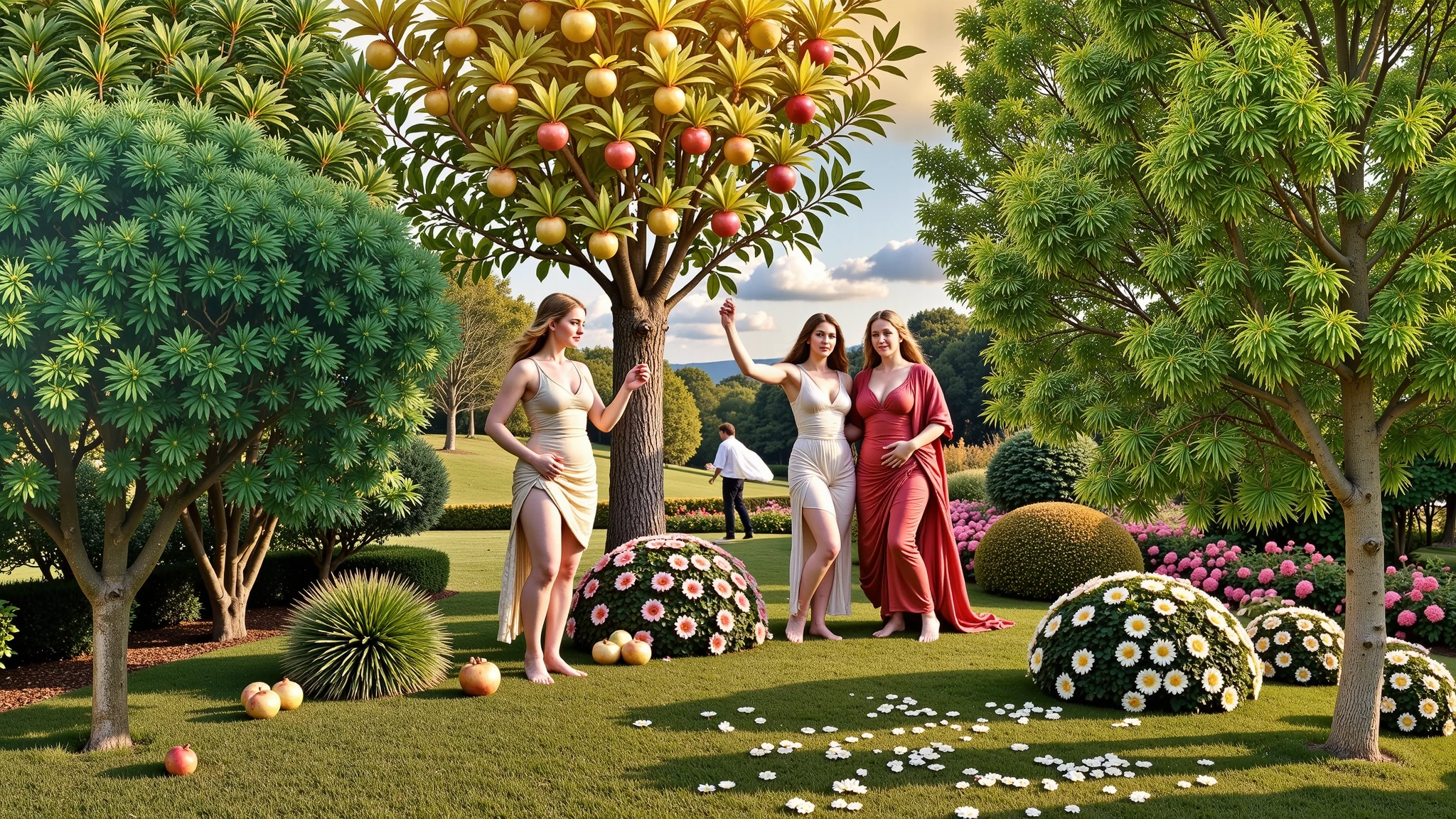 An enchanted garden bathed in the golden light of dusk, filled with leafy trees with gleaming leaves and golden fruits—magical apples that shine like tiny suns. In the center, three nymphs—the Hesperides—dance gracefully among exotic flowers, their flowing robes.