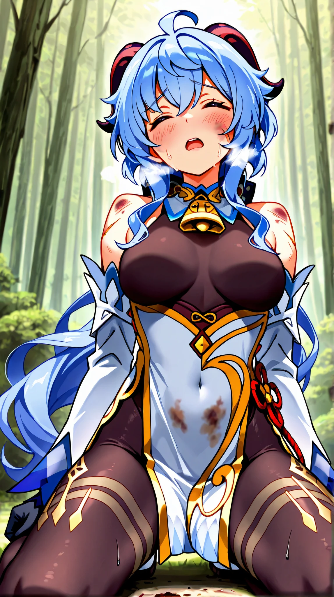 "An attractive female elf with long, flowing purple hair pulled back in a high ponytail adorned with gold ornaments and small green feathers. She has pointy ears and a soft, confident smile. Her warm, slightly narrowed eyes give her a mysterious aura. She wears a white, form-fitting dress with a deep neckline that accentuates her bust. The dress is intricately designed with gold and blue patterns and has side slits that reveal her thighs. She wears black lace stockings with gold detailing. A mystical forest is set in the background, with soft green light filtering through the trees and an ethereal blue light floating all around, creating a magical atmosphere."