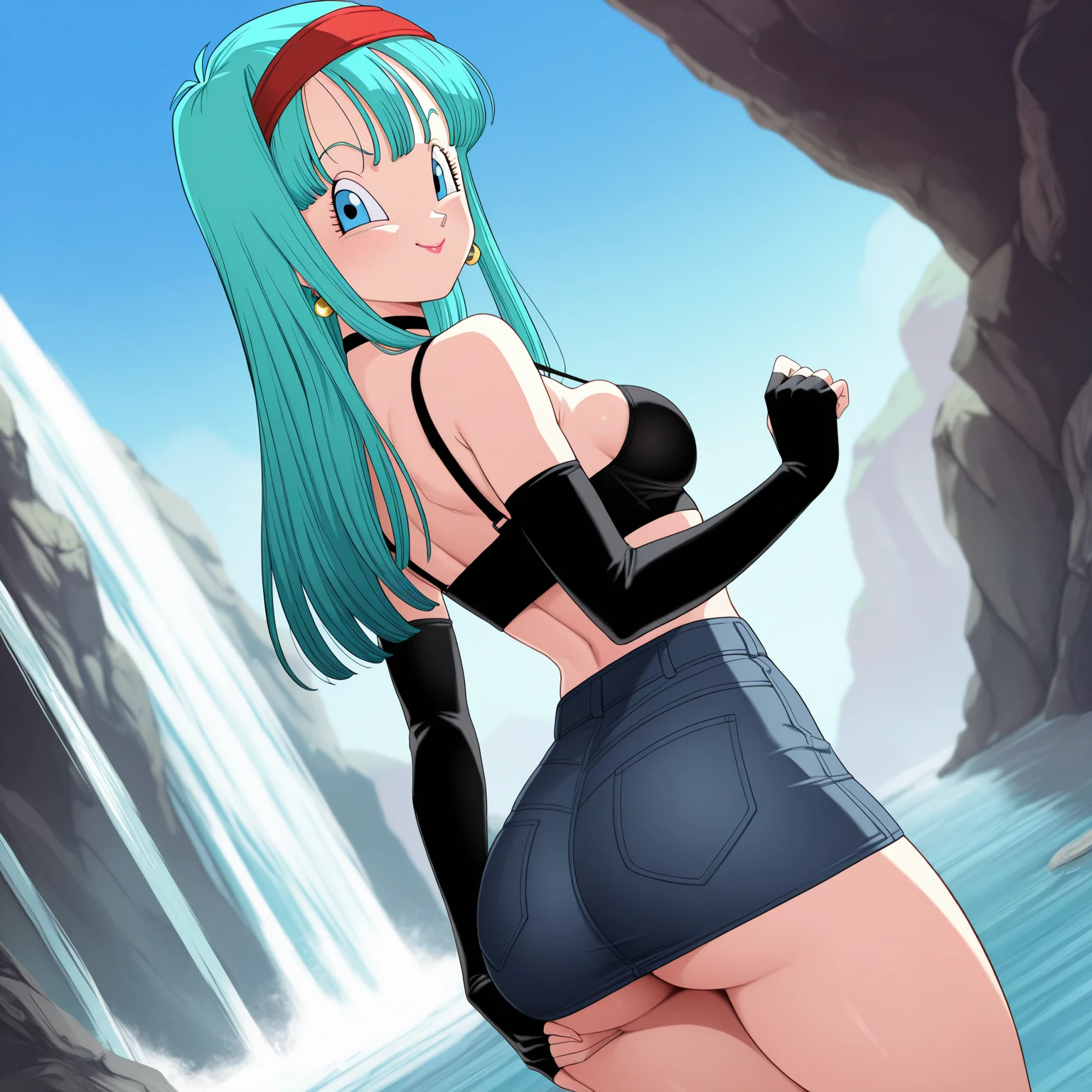 Ember_McLain, masterpiece, best quality, ultra hd, solo, looking at viewer, pinup, ponytail, crossed legs, from below, worm's-eye view, boots