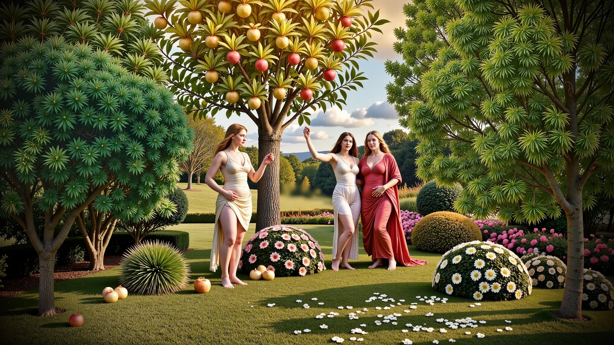 An enchanted garden bathed in the golden light of dusk, filled with leafy trees with gleaming leaves and golden fruits—magical apples that shine like tiny suns. In the center, three nymphs—the Hesperides—dance gracefully among exotic flowers, their flowing robes.
