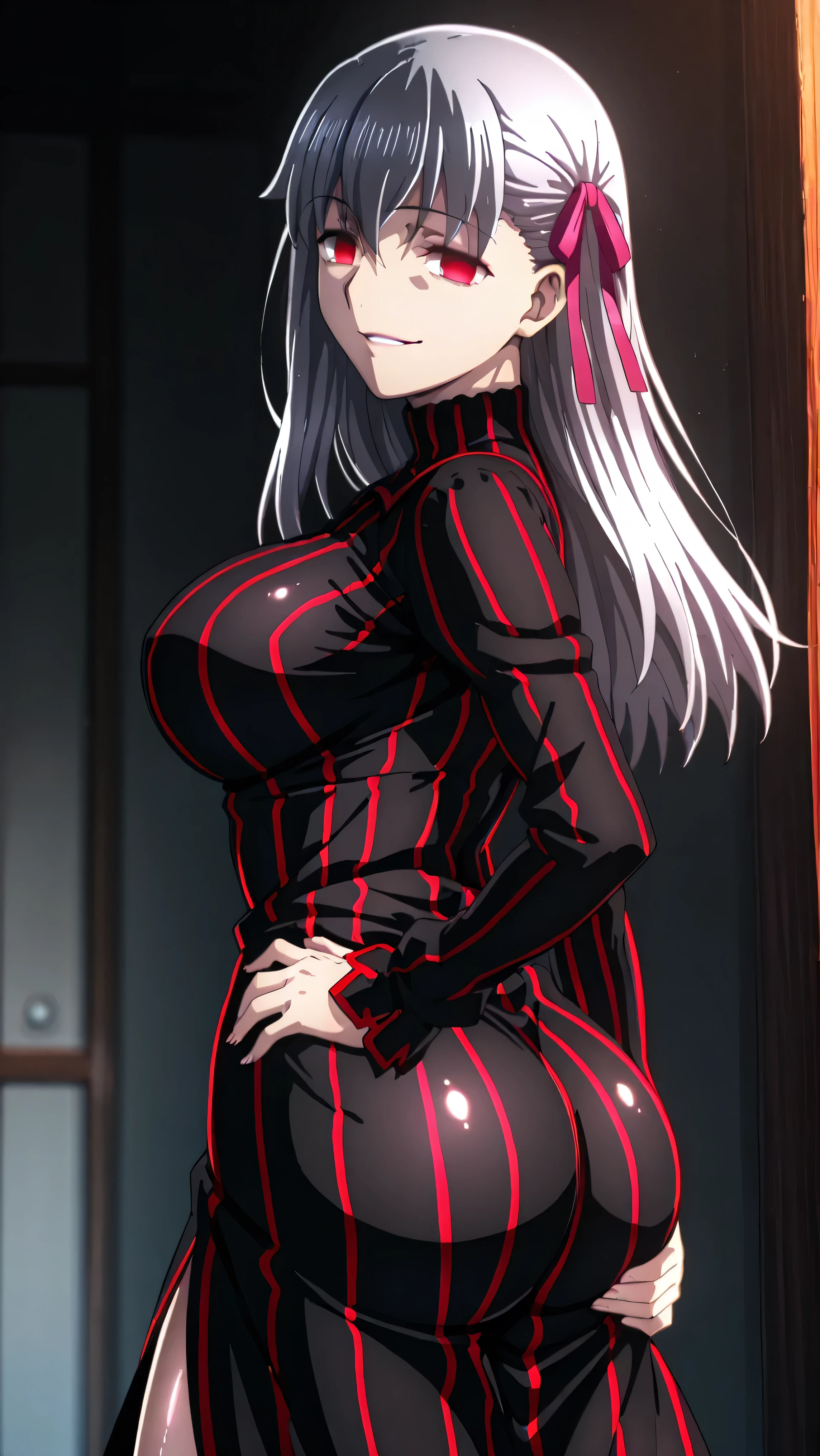 1girl, solo, ,matou sakura , Dark Persona , corruption, striped dress, Black Dress, Turtleneck, gray hair, Red Eyes, , ,ufotable style, ufotable anime.big breasts、big ass、straight long hair,high resolution, masterpiece, necessary, detail, best quality, quality, necessary, details, High details, front view, , standing, evil look, smug smile,one hand on hip, showing the , agirl,(shiny skin:1.3),looking at viewer,