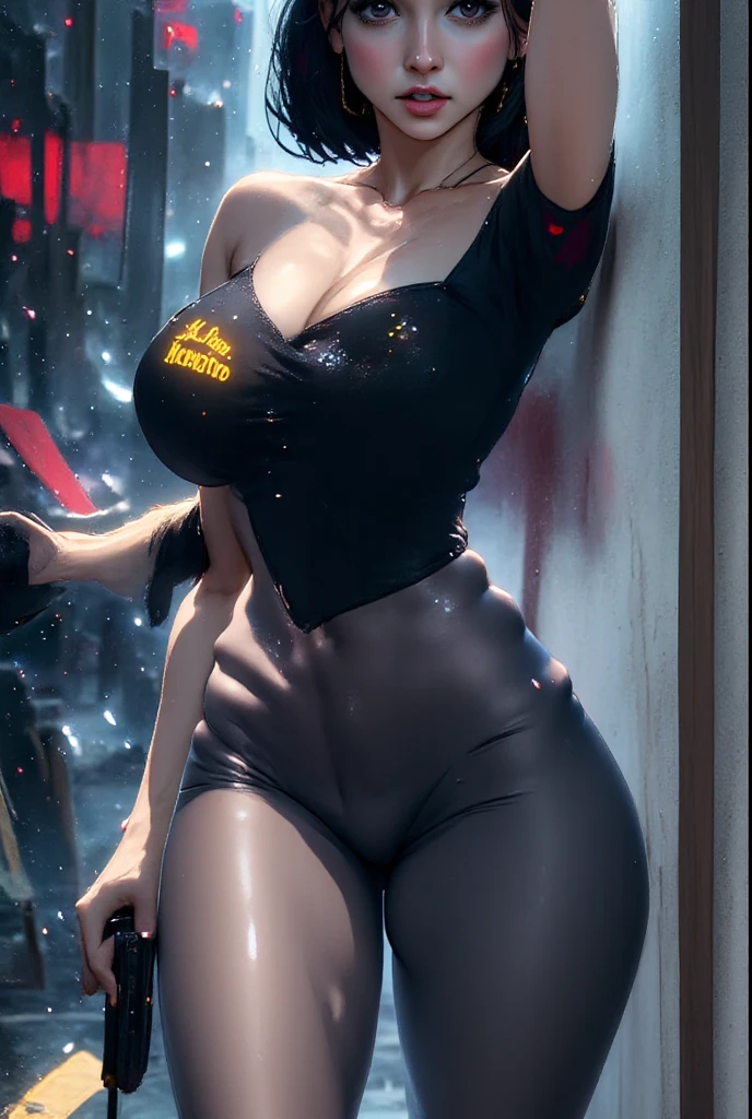 ((huge milf woman)), Horror style, bob hair, t-shirt dress, in city fog night, strong stance