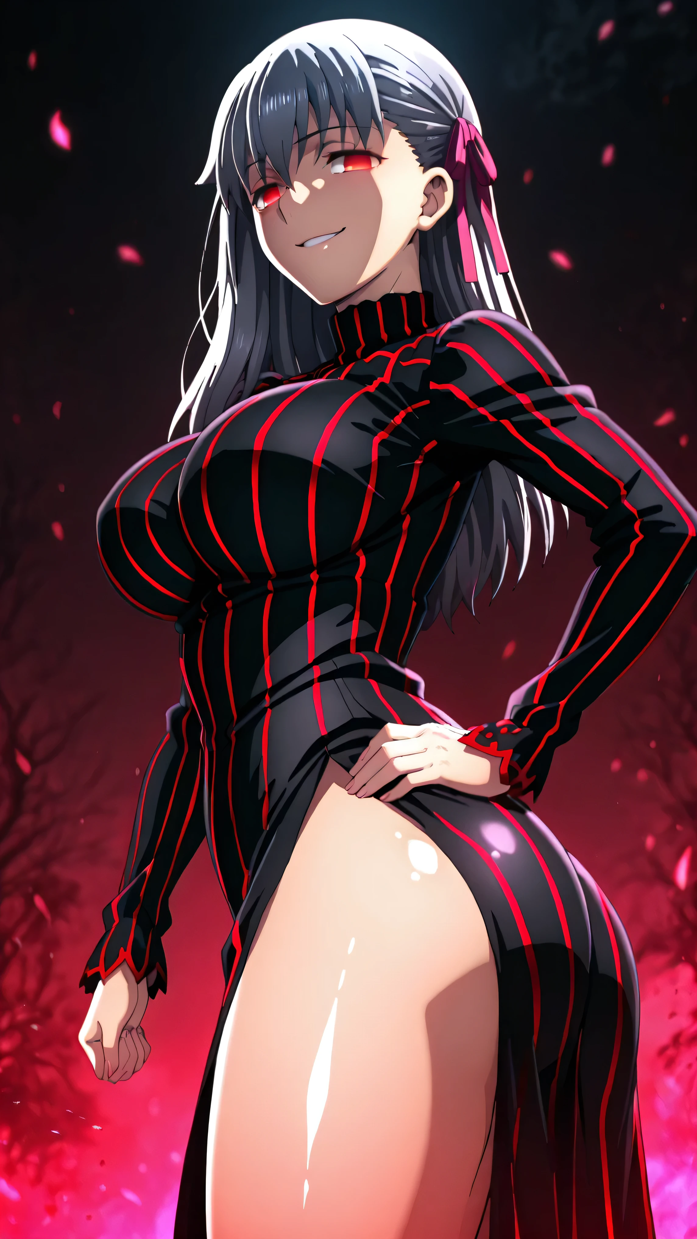 1girl, solo, ,matou sakura , Dark Persona , corruption, striped dress, Black Dress, Turtleneck, gray hair, Red Eyes, , ,ufotable style, ufotable anime.big breasts、big ass、straight long hair,high resolution, masterpiece, necessary, detail, best quality, quality, necessary, details, High details, front view, , standing, evil look, smug smile,one hand on hip, showing the , agirl,(shiny skin:1.3),looking at viewer,