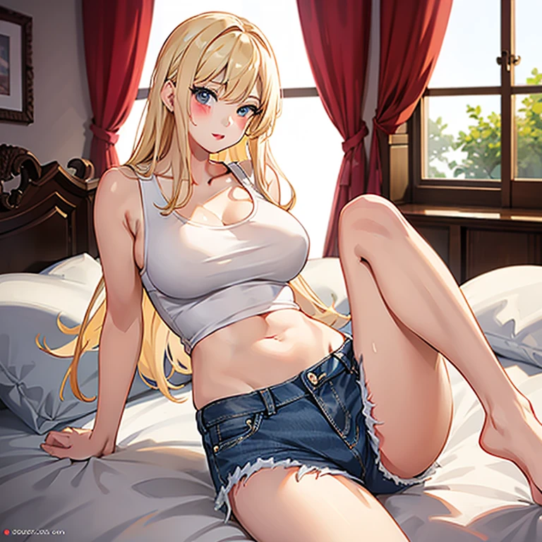 1 girl, solo, Big round breasts, curvy hips, hourglass waist, realistic, bright blonde hair, light green eyes, amazing big eyes, eye details, eyebrow details, white crop top, denim skirt, parted lips, blush, confident, dominant, bdsm, smirk, naughty, mischevious face, HD, good quality, crop top, curvy, bedroom setting, standing up