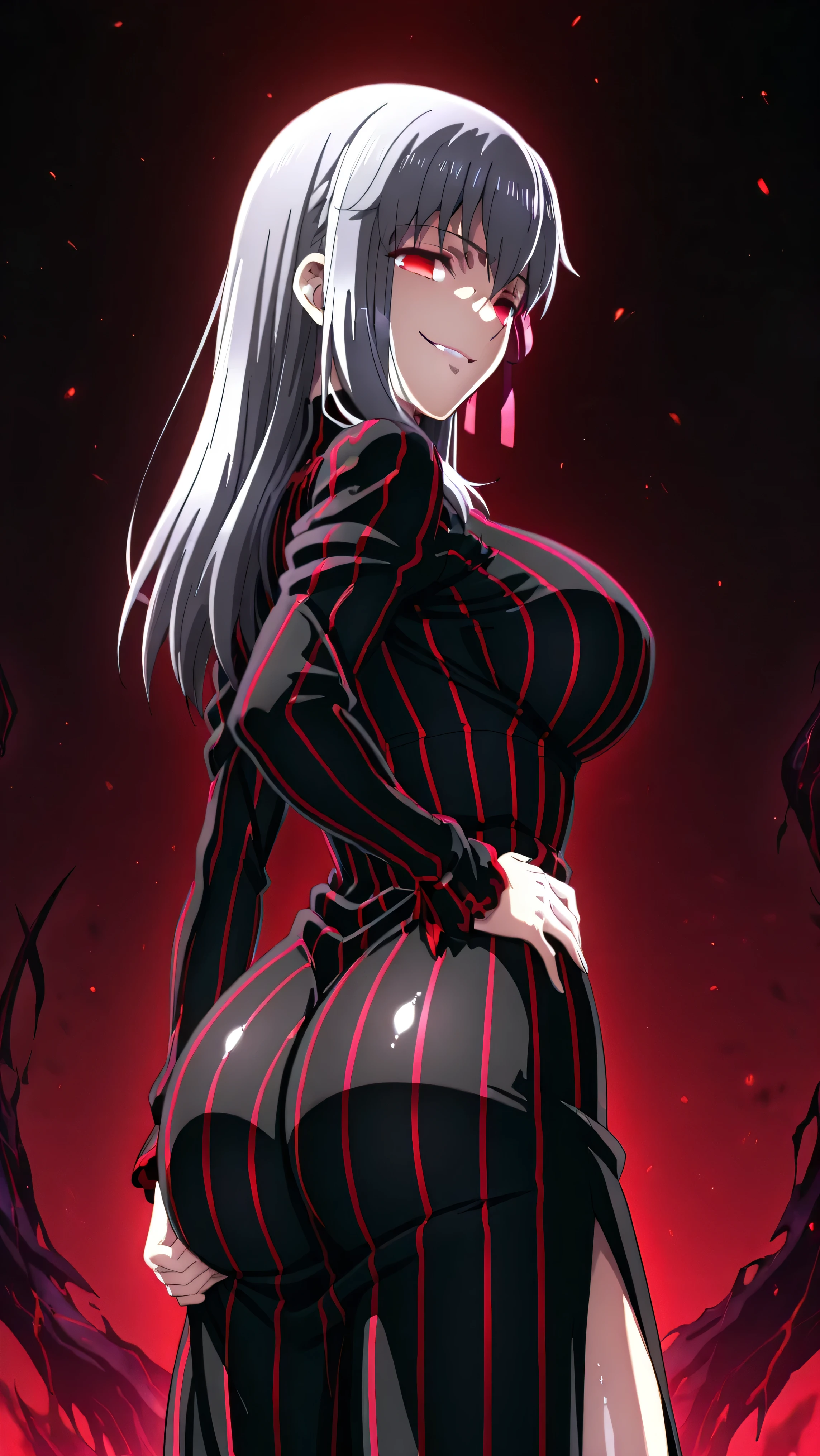 1girl, solo, ,matou sakura , Dark Persona , corruption, striped dress, Black Dress, Turtleneck, gray hair, Red Eyes, , ,ufotable style, ufotable anime.big breasts、big ass、straight long hair,high resolution, masterpiece, necessary, detail, best quality, quality, necessary, details, High details, front view, , standing, evil look, smug smile,one hand on hip, showing the , agirl,(shiny skin:1.3),looking at viewer,