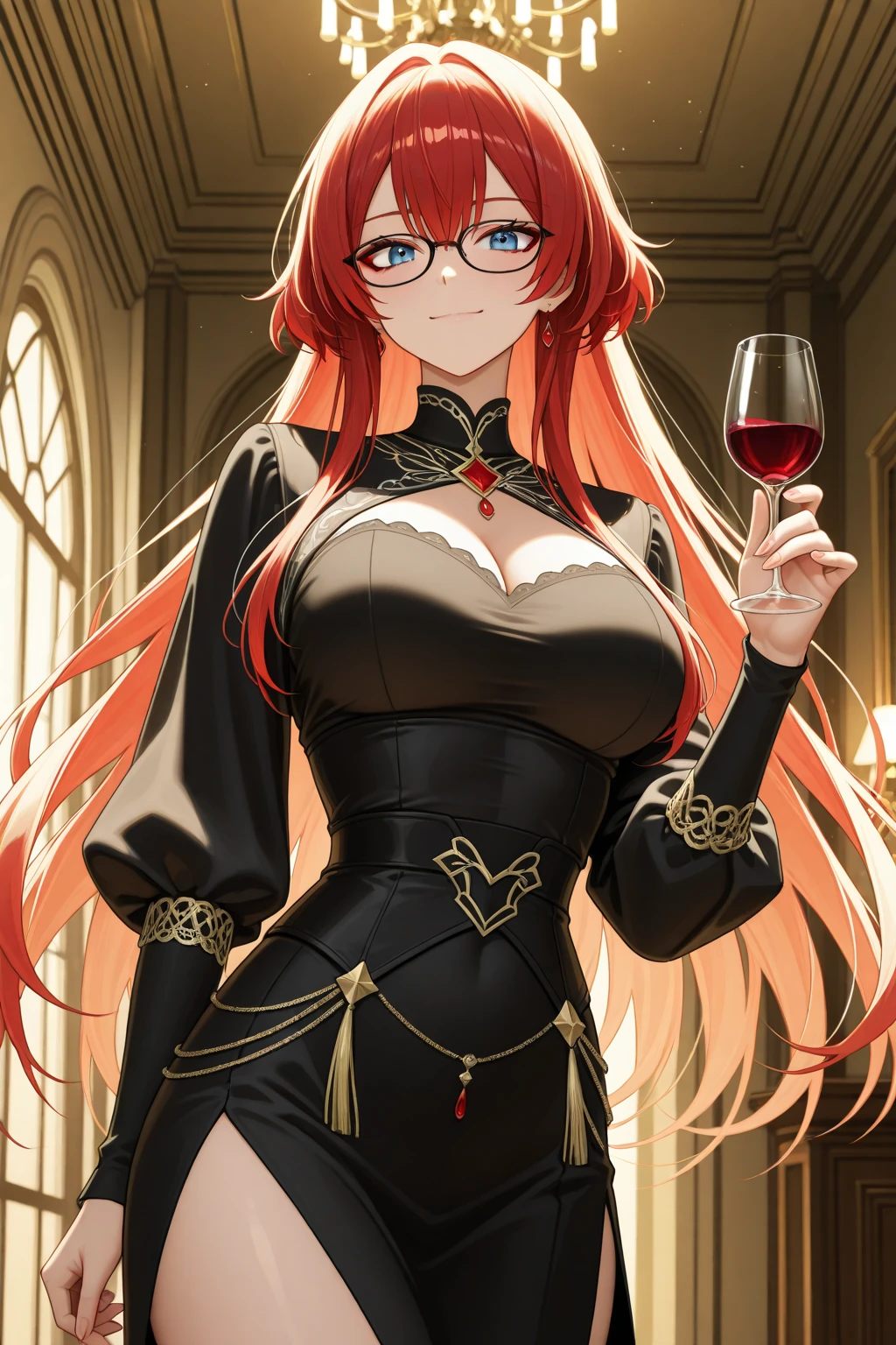 Adult woman, Long red hair, Brown eyes, eyeglasses, red lipstick, large breasts, Black Dense Overall Shape, evil, smirk, fetters, open breasts, Masterpiece, hiquality, 4k, HD, Good detail