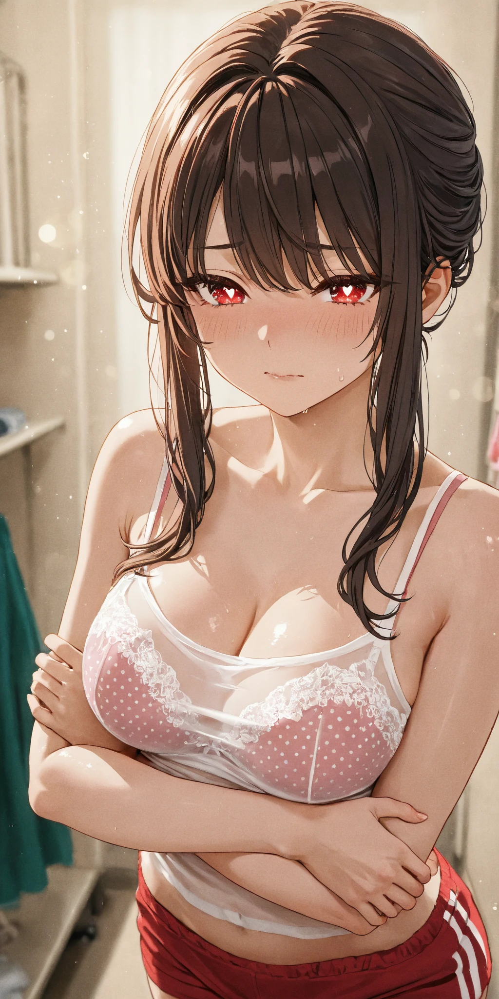 beautiful girl, sixteen years, erotic, slender, short black hair, red eyes, school shirt, open clothes, lingerie bra, skirt, love hotel room, ahegao
