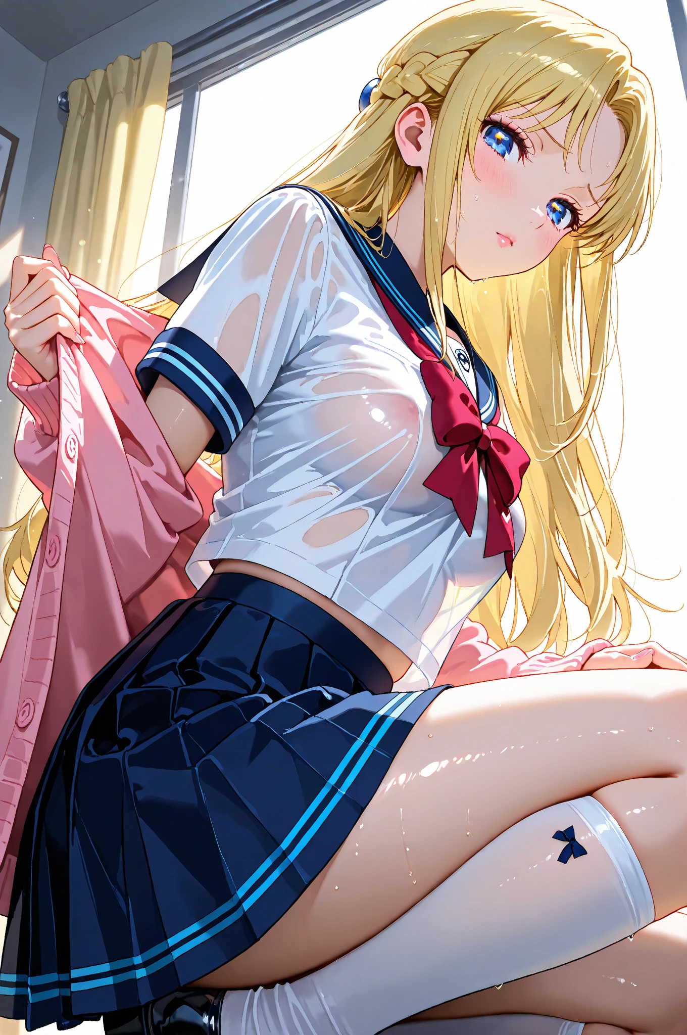 lighting like a movie、top-quality、1 High School Girl、School rooftop、Over the fence、Stand and spread your legs、(((Semen stain)))、full of sweat、Ecstatic face、open mouth tongue out、Cross-eyed、Kamimei、a blond、Pee from the crotch、(((pee stain)))、(Pink Panties)、Wet panties、Sheer nipples、