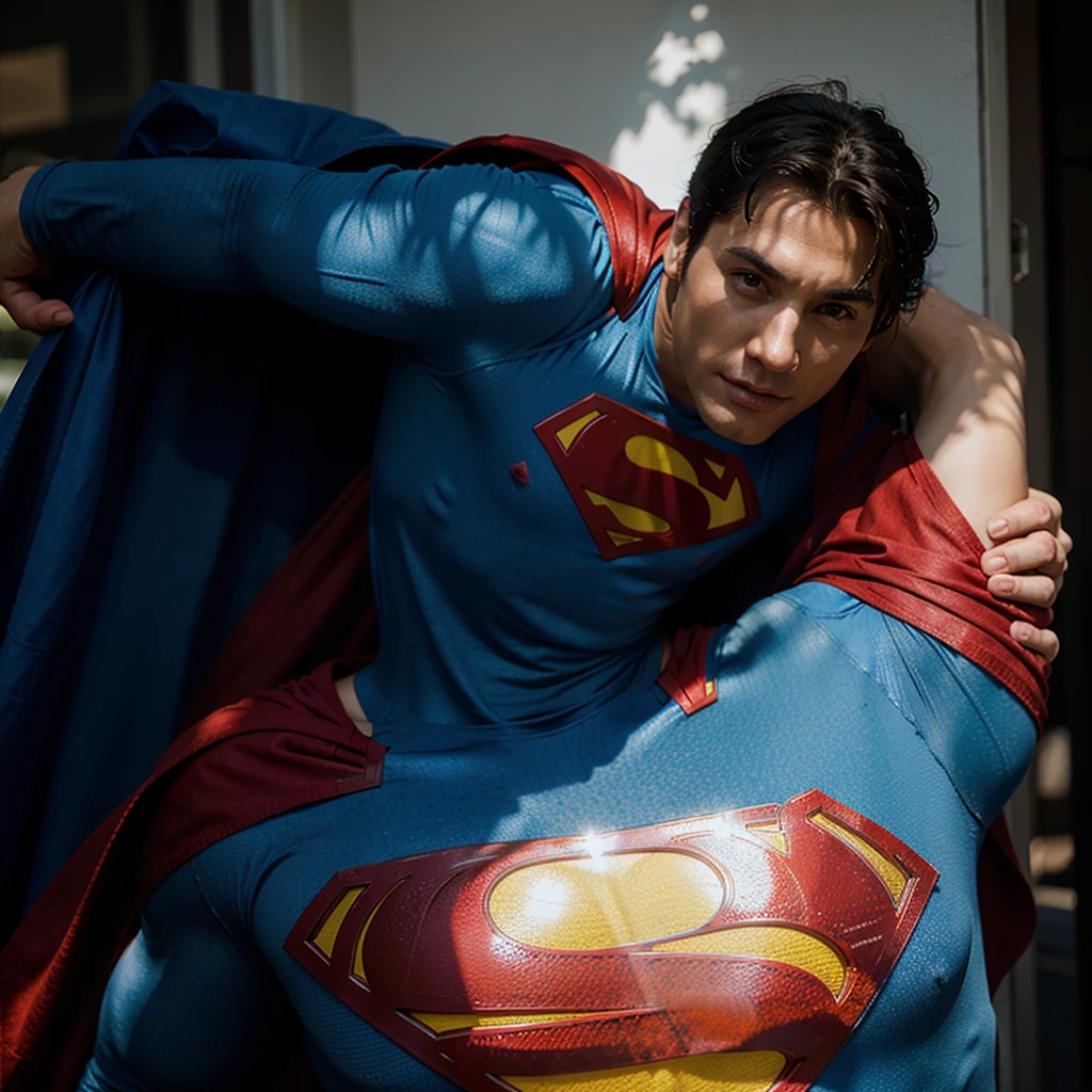 Man body setting,Superman costume tights , (bare thighs ) , sexy , NSFW , eroticism , R18 , seduction, standing , high raise thong , big thighs , fat hips
