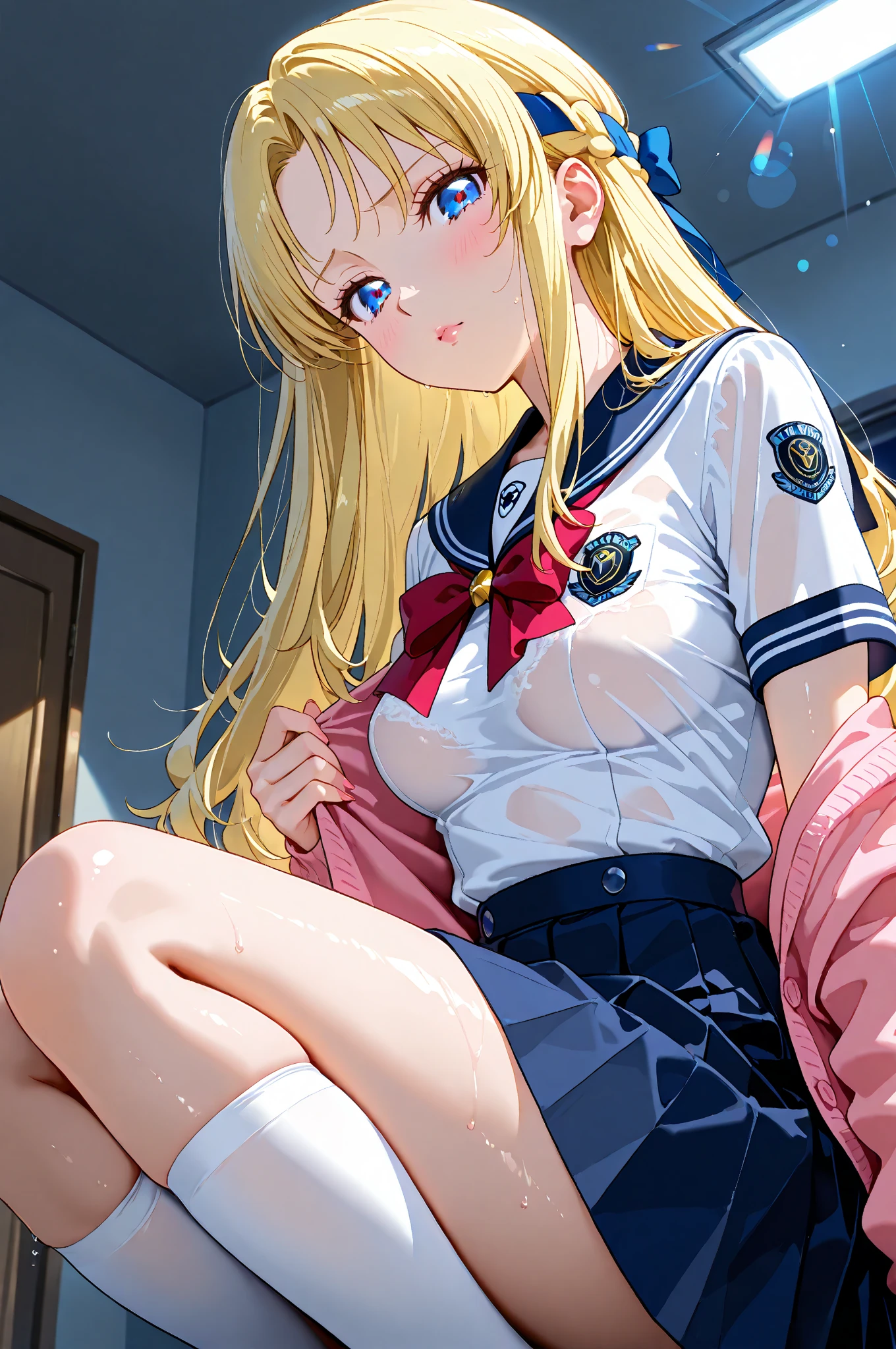 A gorgeous 15-year-old blonde Japanese girl wearing a super shiny blue long sleeve sailor suit made of latex　She spreads her hairy pussy covered in white slime