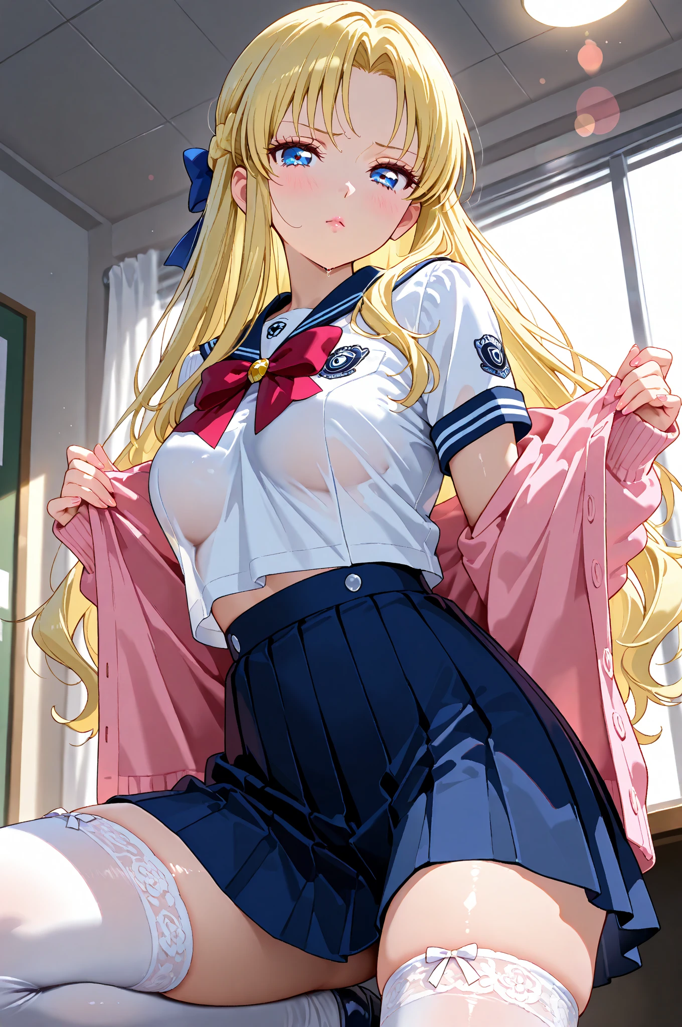 Blonde hair and blue eyes　Long Hair　Elf　Big Breasts　blush　Large Breasts　Beauty　cute　Highest quality　Troubled face　Erotic　hospital　White miniskirt nurse　slit　White Stockings