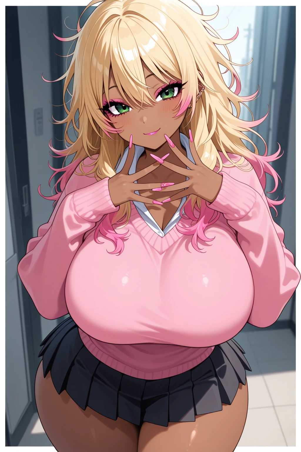 masterpiece, best quality, extremely detailed, (masterpiece: 1.2, best quality), (highly detailed), (a diagonal strap of white pochette between her breasts), sunlight, perfect lighting, evening, sunset,
break,
1 girl, 16 yo girl, hairpin, long legs, blonde hair, wave hair+ long hair, hair extensions, thick bluish eyeshadow, thin eyeliner, thick black eyeliner, dark eyes with eyeliner, false , (tanned skin: 1.2), (pink hoodie, school gym buruma),
break,
standing, smile, shushing, grin,
break,
Volumetric Lighting, Best Shadows, Shallow Depth of Field, (Highest Quality, Amazing Details: 1.25), Brilliant Colorful Breasts (Huge breasts: 1. 2,), dynamic angle,