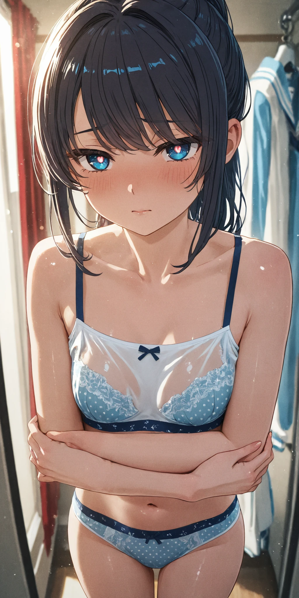 Browsing Caution 4kquality, 最高quality, short_hair, Ultra-small_chest,)(黒hair、Forehead、超短hair、Bad mood、I feel sulky、tears)、2girl、Female 2,In the changing room, Change of clothes, At a clothing store, Trying on a bra, lingerie 16Year Sexy pose Fascinating、blue and white bra, Pink and white bra, Striped bra、Cute Bra、Kids Bra、Training Bra, Your First Bra, sporty、camisole、Cotton panties, Colorful clothes, Colorful bras, 平らなchest, Half striped, Grab, Compression, , , , Cute little sister, people々is watching, Man's Observation, Group Watching Creepy Watching