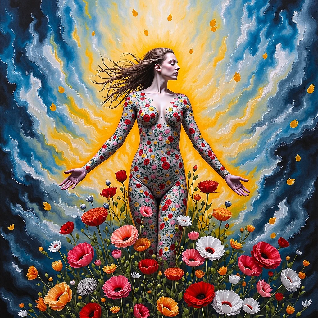 (Gates McFadden, young circa 1992, nude, extensive flower body paint (only head and hands unpainted, SFW)) doing an interpretive themed dance around a spring morning center stage, spotlight on her, crowd in stadium slightly shadowed