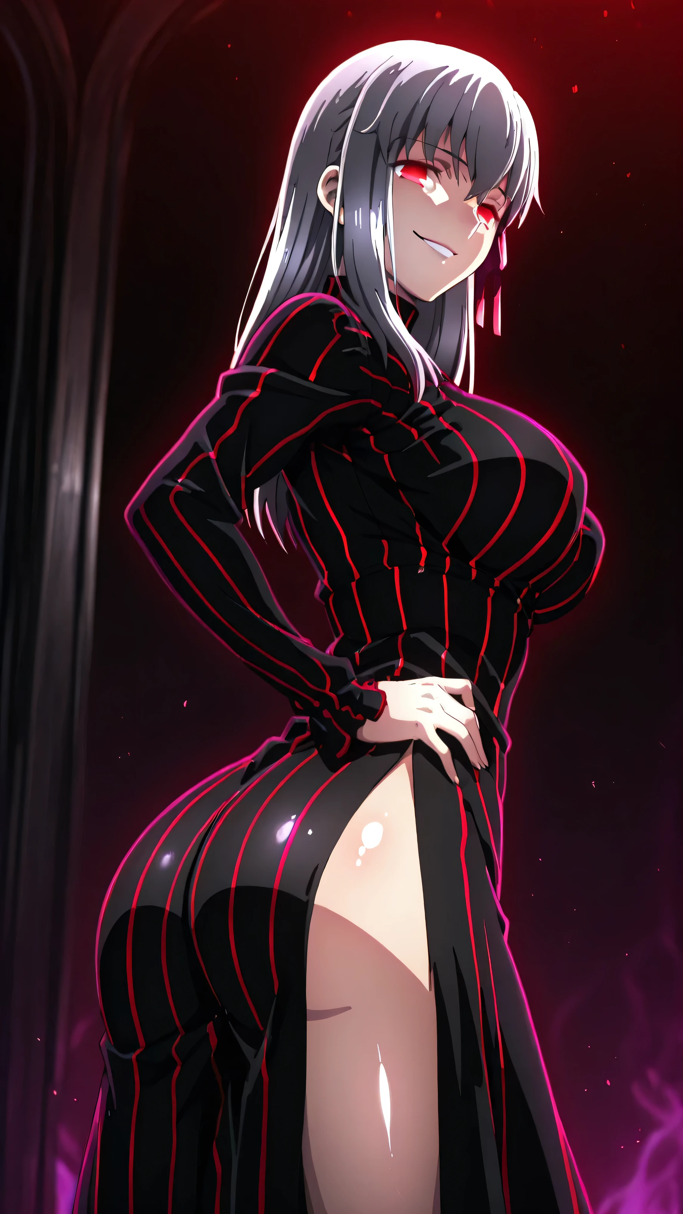 1girl, solo, ,matou sakura , Dark Persona , corruption, striped dress, Black Dress, Turtleneck, gray hair, Red Eyes, , ,ufotable style, ufotable anime.big breasts、big ass、straight long hair,high resolution, masterpiece, necessary, detail, best quality, quality, necessary, details, High details, front view, , standing, evil look, smug smile,one hand on hip, showing the , agirl,(shiny skin:1.3),looking at viewer,