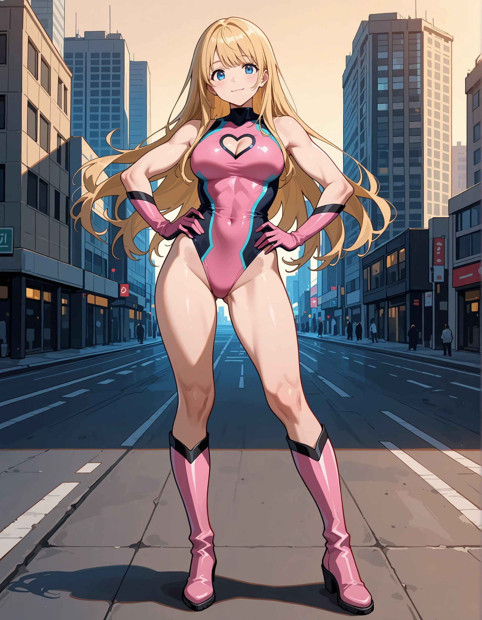 masterpiece, best quality, highres, 1girl, solo, superhero, leotard, bare legs, matching boots, sleeveless, looking at viewer, light particles, city backdrop, perfect hands, perfect eyes, perfect leotard, perfect legs, perfect arms, perfect fingers, medium breasts, pink leotard, standing, blonde hair, long hair, knee boots, blue eyes, heart cutout, cute face, hair down, bangs, sleeveless, pink gloves, pink footwear, cleavage cutout,