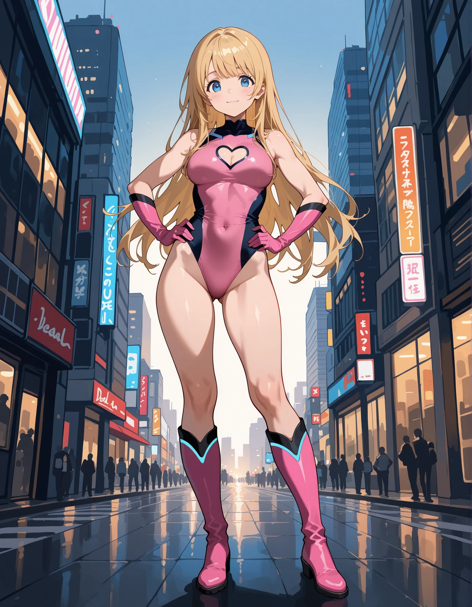 ((masterpiece)), ((best quality)), ((high res)), 1girl, solo, solo focus, (leotard, gymnast_outfit leotard, pink leotard, sleeveless, bare legs), matching boots, looking at the viewer, miami city backdrop, perfect hands, complete fingers, perfect anatomy, perfect proportions, medium breasts, (blonde hair, long hair, hair down, bangs), knee boots, blue eyes, beautiful detailed eyes, beautiful detailed face, cute face, (cleavage heart cutout), pink gloves, pink footwear, superhero, casual, smile, single, standing, standing straight, full body with costume, :d