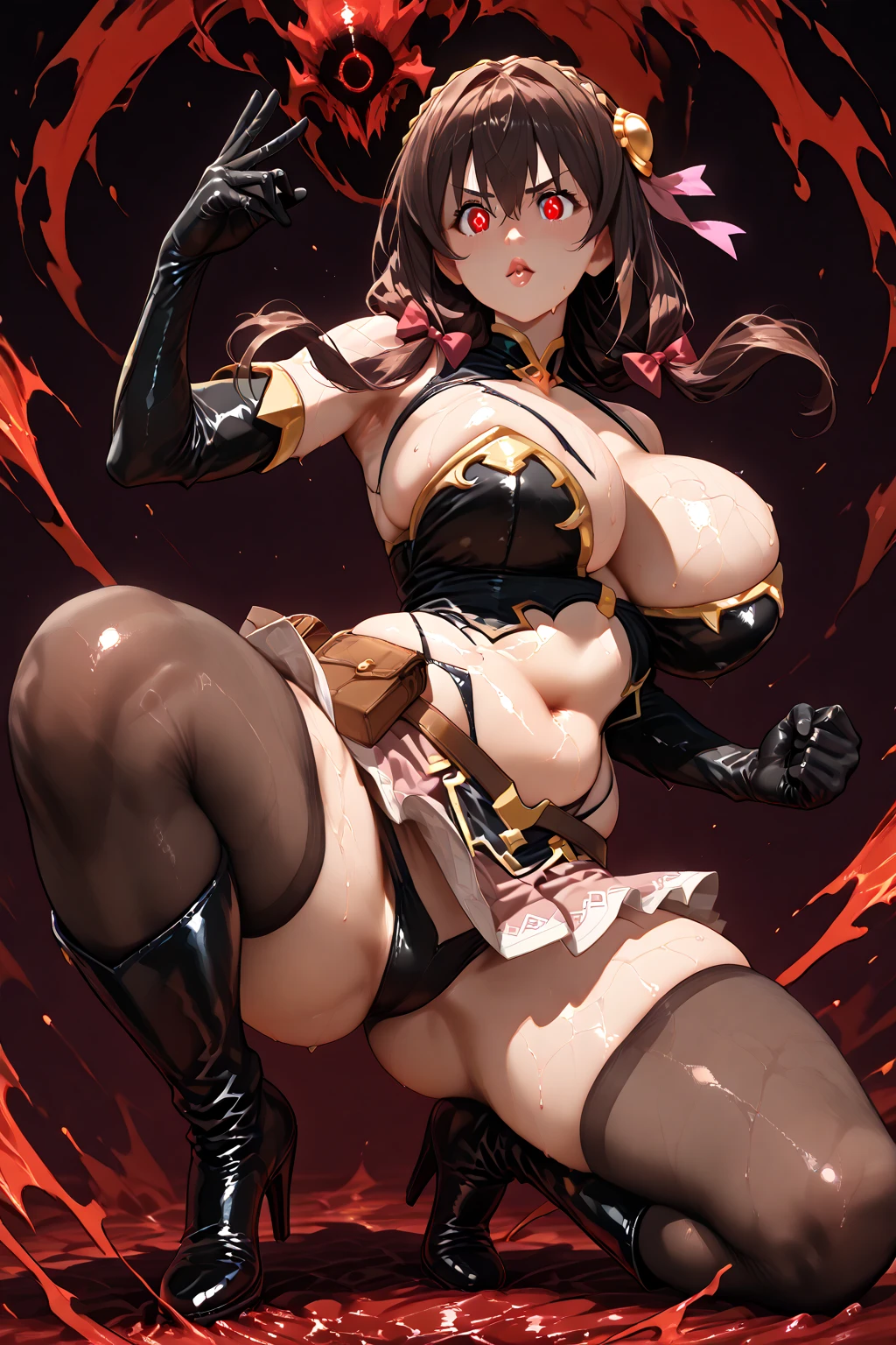 50 year old, succubi, glowing skin, luminous red eyes:1.3), Hell background, (colored skin:1.1), cow boy shot, legs spread wide open, busty, curvy hips, highleg see through mesh panties, sexual provocateur, erotic posed, back view from behind