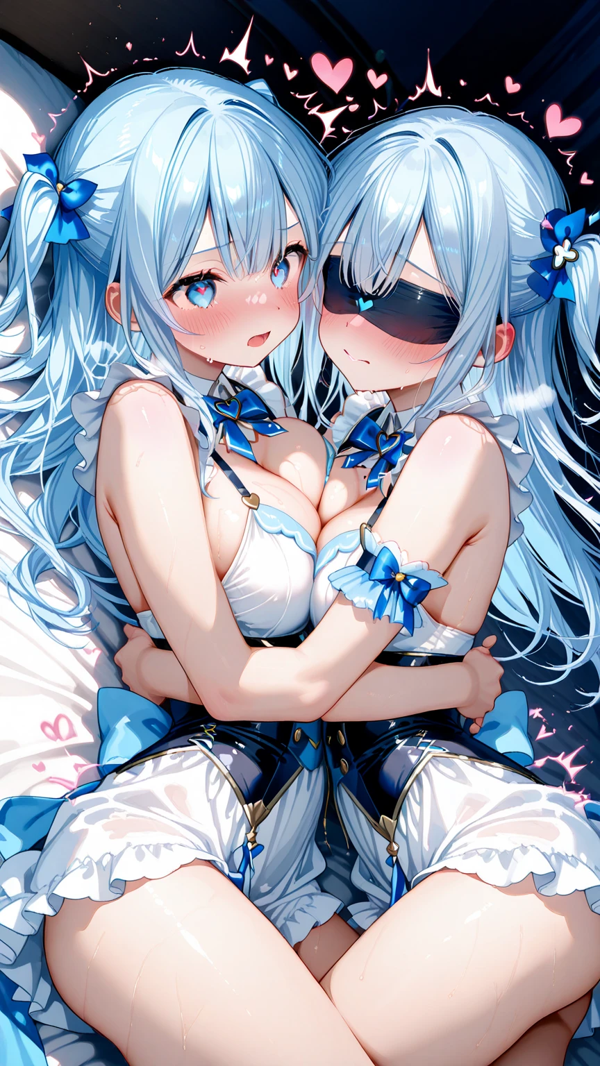 NSFW,((1 man and 1 woman,having sex)),(supright straddl),hug,from side,vaginal penis,blue hair,beautiful eyes,hair above one eye,small tits,Bare breasts,Smile with open mouth,masterpiece, top-quality, Hi-Res, Celia Clare, white capelet, beret,perfect body,perfect hands,Striped socks,simple background