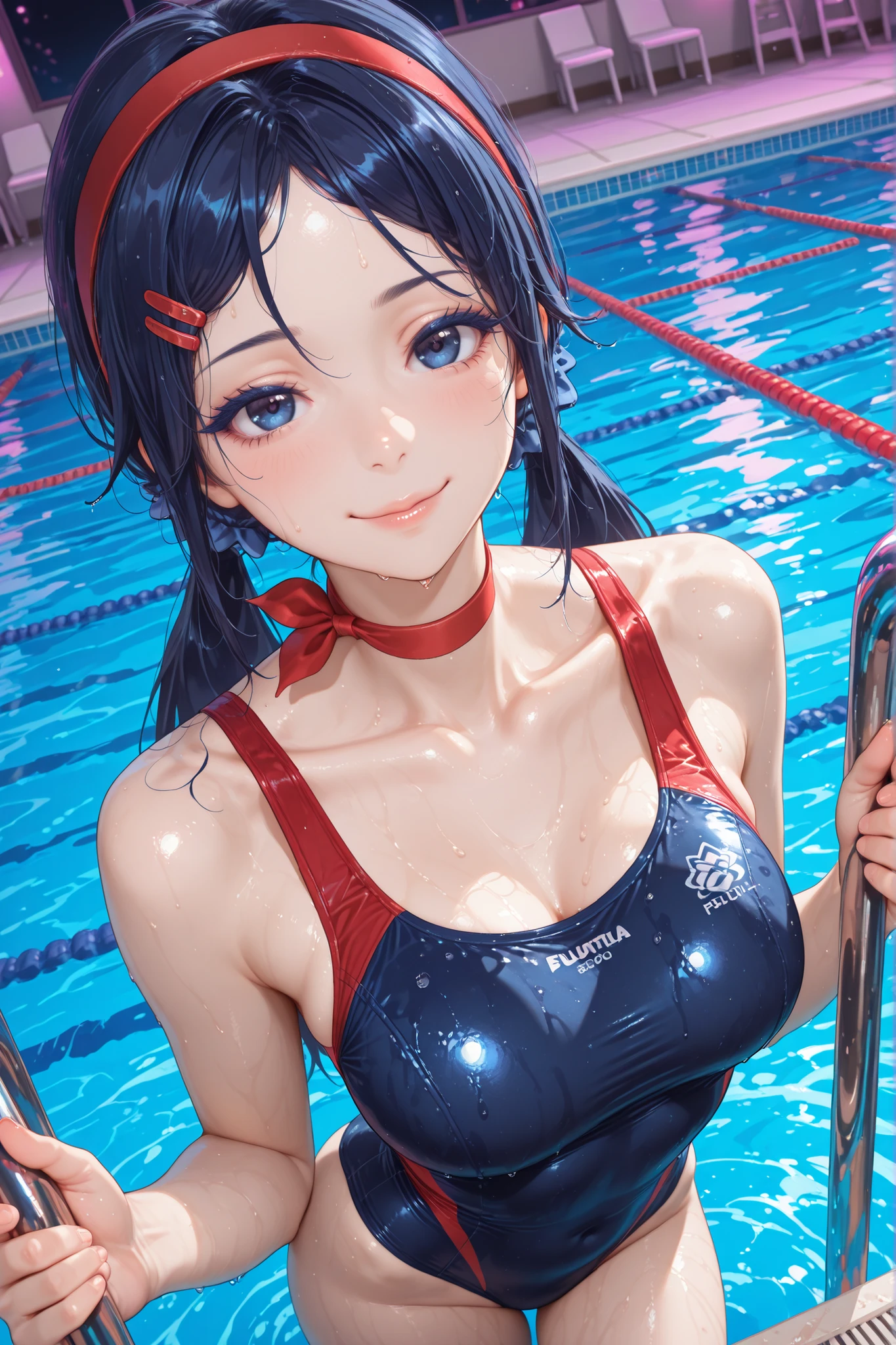 (((masterpiece))),(((High resolution))), (((perfect face)))、(((Japan beauty)))、15 years old, (((swimsuit))), ((top quality eyes)), detailed texture, ((high resolution face)), (at the swimming pool), (((leaning forward)))