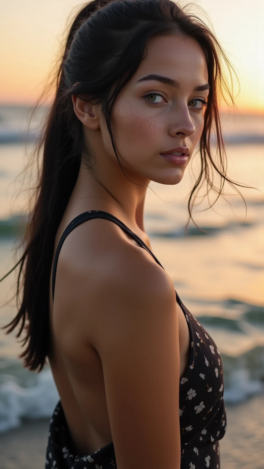 a beautiful woman in a black bikini, profile view, long brown hair, on a beach at night, glowing skin, looking at the camera, serene expression, ocean waves in the background, moonlit sky, atmospheric lighting, photorealistic,4k, 8k