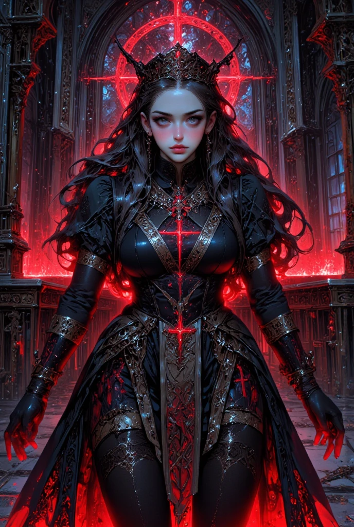 (photorealistic:1.2, Fujifilm XT3) photo of 20 year old beautiful (Nun), corrupted, seduced by the devil, wearing ((demonic) bio nun robes), glowing red eyes, by Henry asencio, by Josephine Wall, <lora:Choker-FFashion-Part1-32.LORA:0.7>, glowing intricate metal choker with runes, <lora:add-detail-xl:2.5>, <lora:DonMD3m0nV31nsXL_v1.1:0.8> ,<lora:PE_NeonSignStyle:0.2>, medium perfect breasts, <lora:betmd2:0.4> betmd,  orchids,  Clovers, roses,  flowers, colorful,  dynamic pose,  levanders <lora:xl_more_art-full_v1:0.4> <lora:takma2:0.3> , (masterpiece:1.2), (epic composition:1.4), (talent:1.2), ultra detailed, cinematic lighting, highly detailed, insanely detailed, (photorealistic:1.2), hdr, 8k, exquisite, sharp, elegant, ambient lighting, high quality